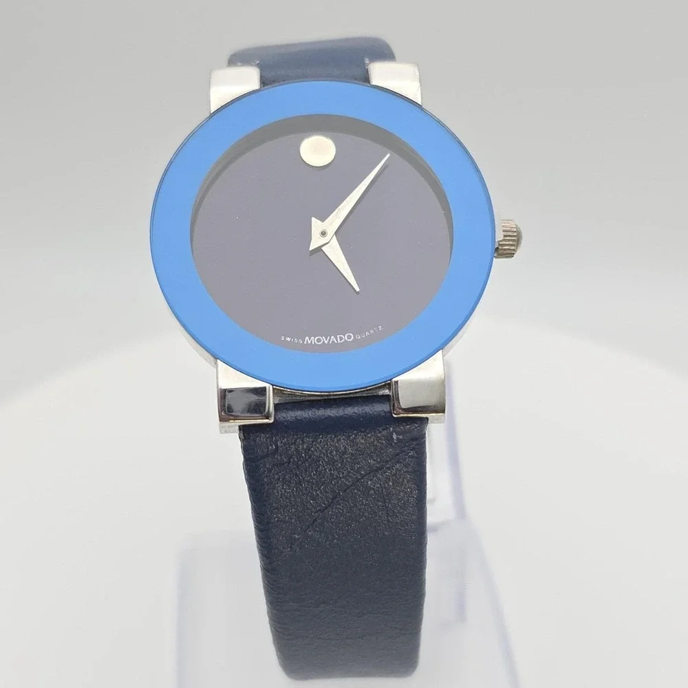 MOVADO Museum Ladies Watch Swiss Movement Blue Dial Navy Blue‎ Bezel New Battery
